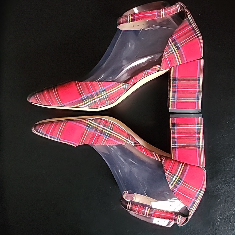 J. Crew Factory Tartan Plaid Ankle-Strap Block Heels Red Holiday Pumps Size 9.5 - Picture 8 of 9